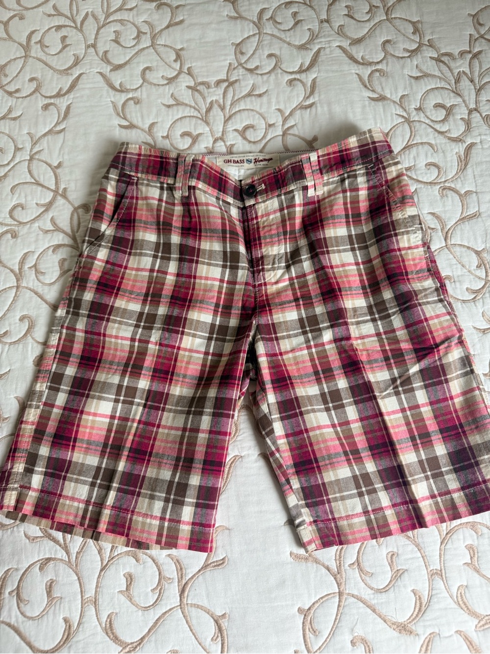 G.H. Bass Heritage Plaid Bermuda Shorts in Dark Pink/Brown and Cream